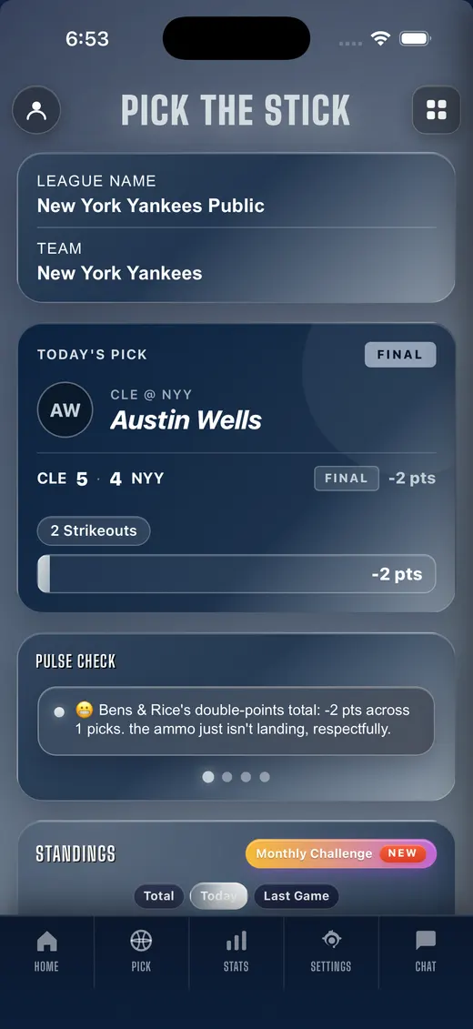 Pick The Stick league home screen