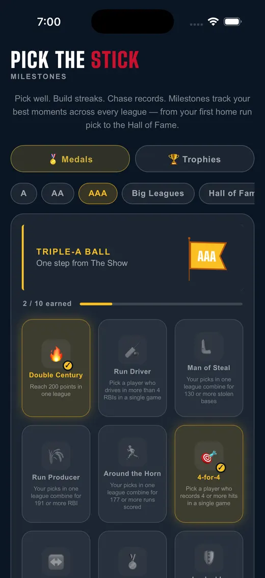 Milestones and achievements screen