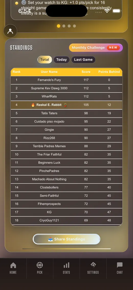 League standings screen